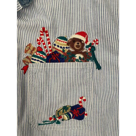 Vintage Womens Holiday Embroidered Blue Pinstripe Button Down Shirt Size Medium - Picture 3 of 8